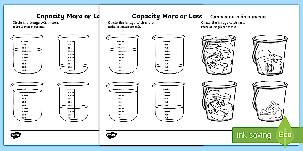 Capacity Worksheet Less Capacity More or Less Worksheet / Worksheet English/Spanish - Capacity