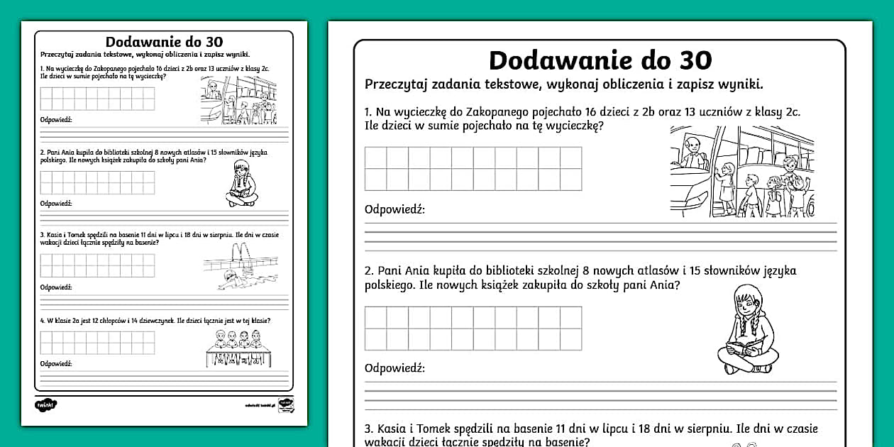 Dodawanie I Odejmowanie Do 30 Sprawdzian Kl 2 Dodawanie w zakresie 30 | Zadania tekstowe (teacher made)