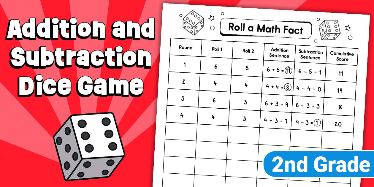 Second Grade Addition And Subtraction Within 20 Dice Game Second Grade Addition And Subtraction Within 20 Dice Game