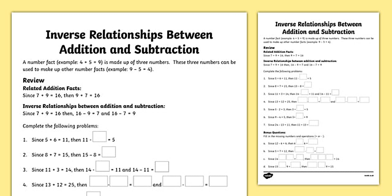 Inverse Relationships Between Addition and Subtraction Worksheet ...