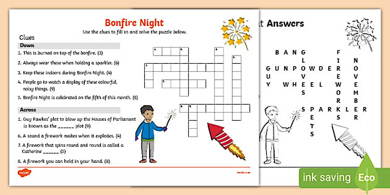 KS1 Bonfire Night Crossword (teacher made) Twinkl