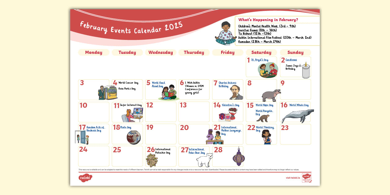 February Events Calendar 2025 Ireland Specific Twinkl