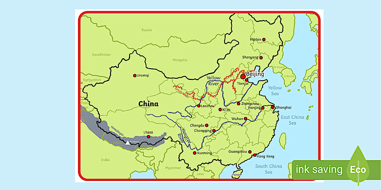 Physical Map Of China With Labels Poster Twinkl Primary T G 155 Map Of China Display Poster Ver 6