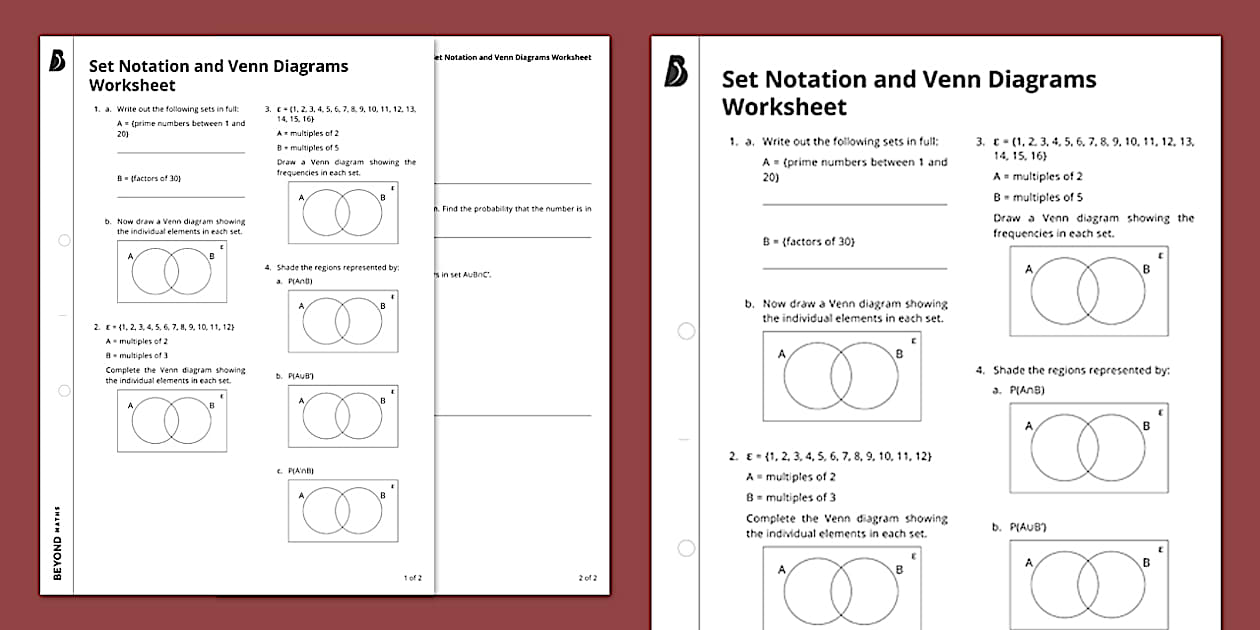 👉 Set Notation and Venn Diagrams Worksheet - Twinkl
