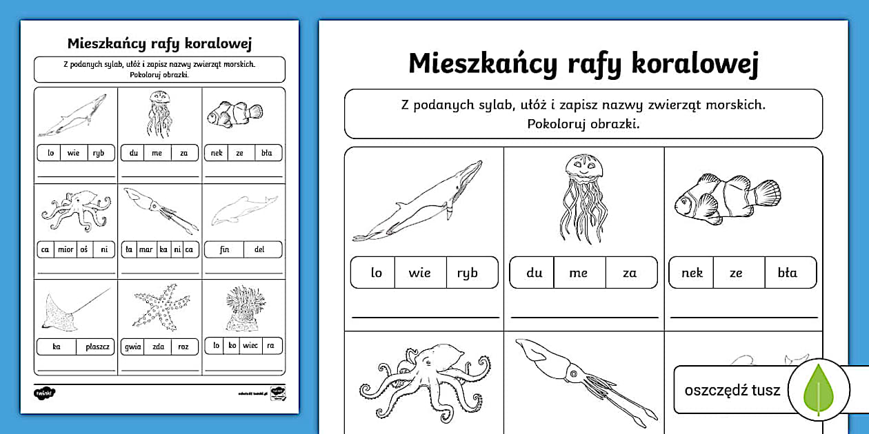 A Rafy Z Mieszkańcy rafy koralowej | Układamy wyrazy z sylab | Karta pracy