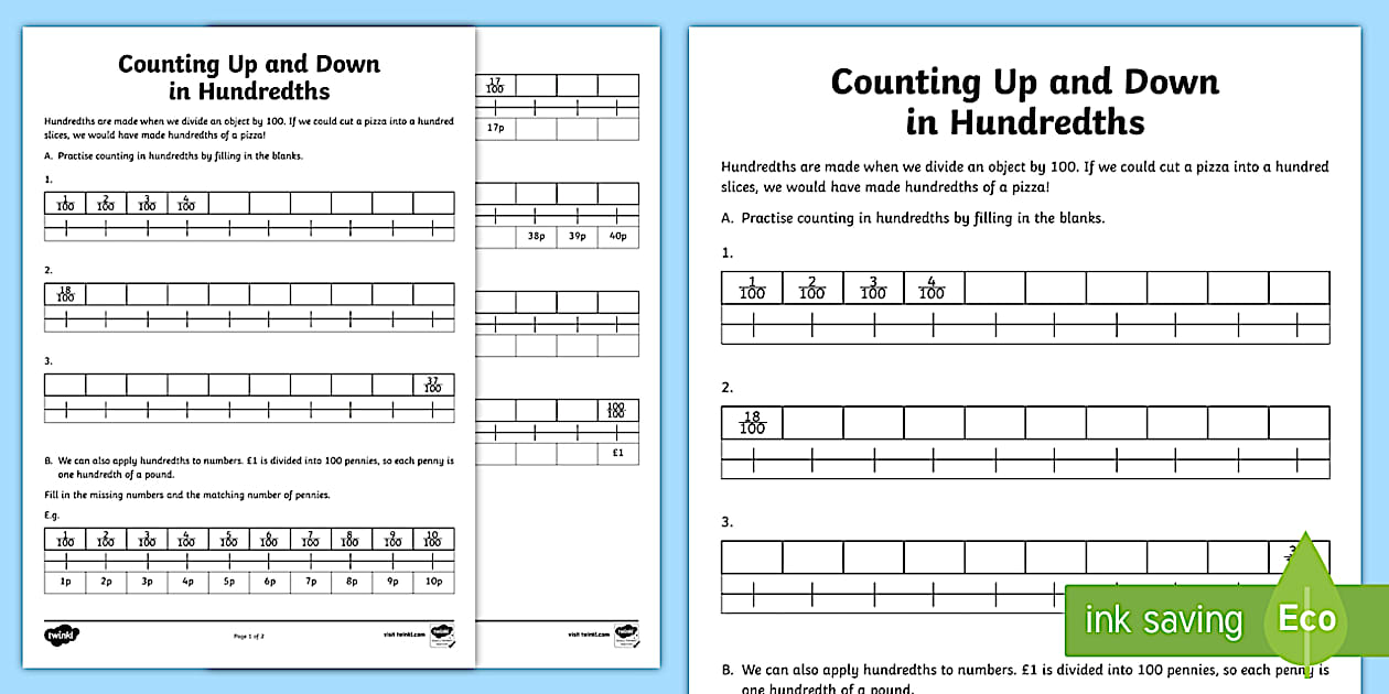 Counting in hundredths up and down worksheets twinkl