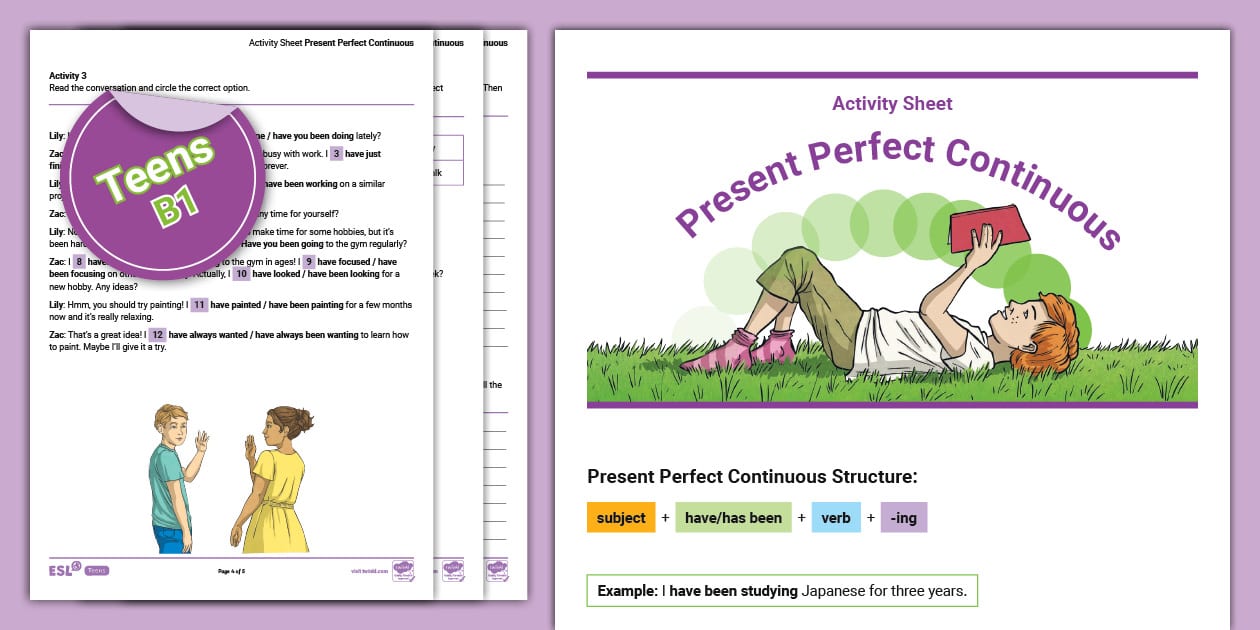 Esl present perfect continuous activity sheet for teens