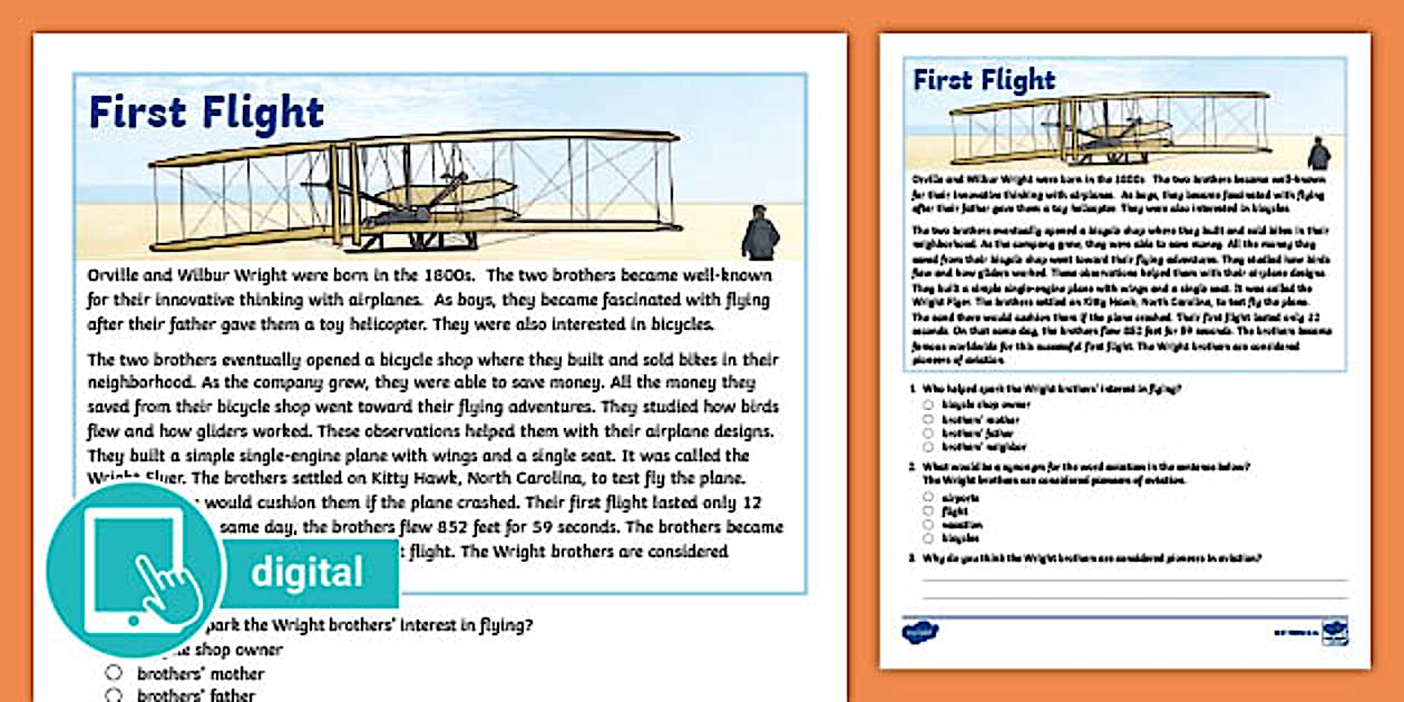 Fourth Grade First in Flight Reading Passage Comprehension Worksheet