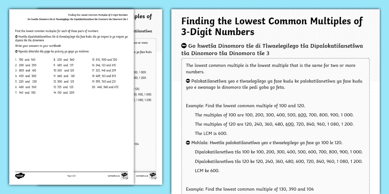 Finding the lowest common multiples of 3 digit numbers activity sheet