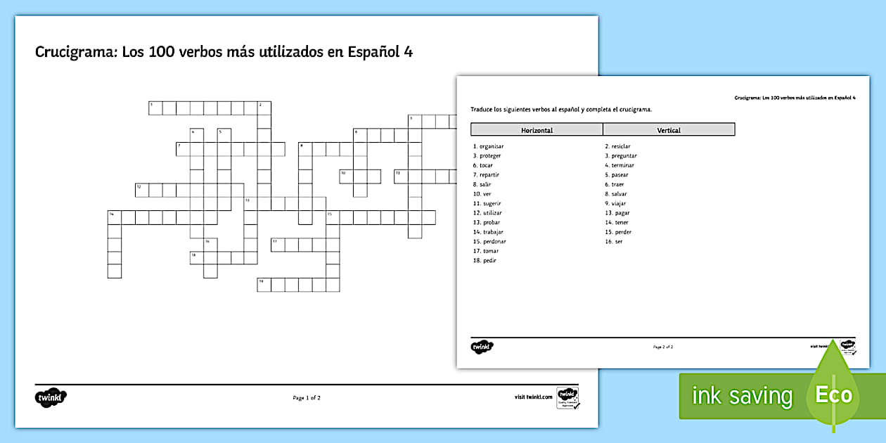100 High Frequency Verbs 4 Crossword Spanish Twinkl