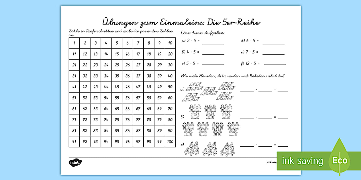 Übungen zum Einmaleins: Die 5er Reihe Arbeitsblatt - Twinkl