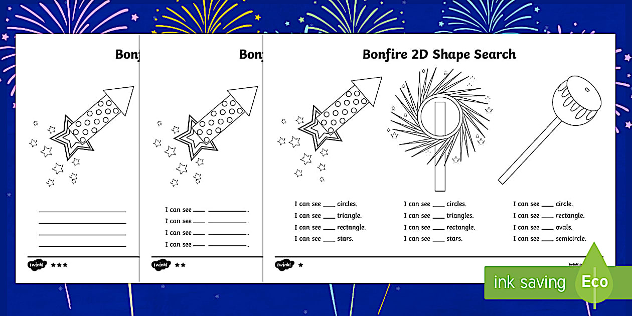 Bonfire Night 2D Shape Search Worksheet / Worksheet - Twinkl