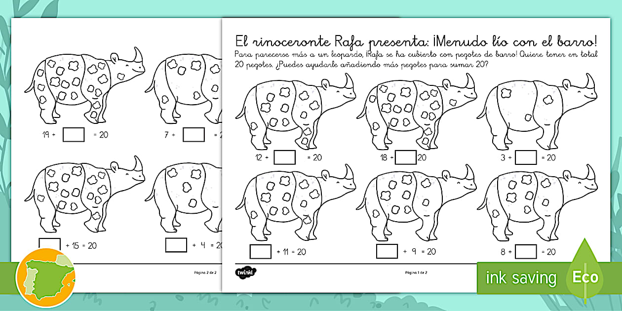 Ficha: Parejas que suman 20 - El rinoceronte Rafa - Twinkl