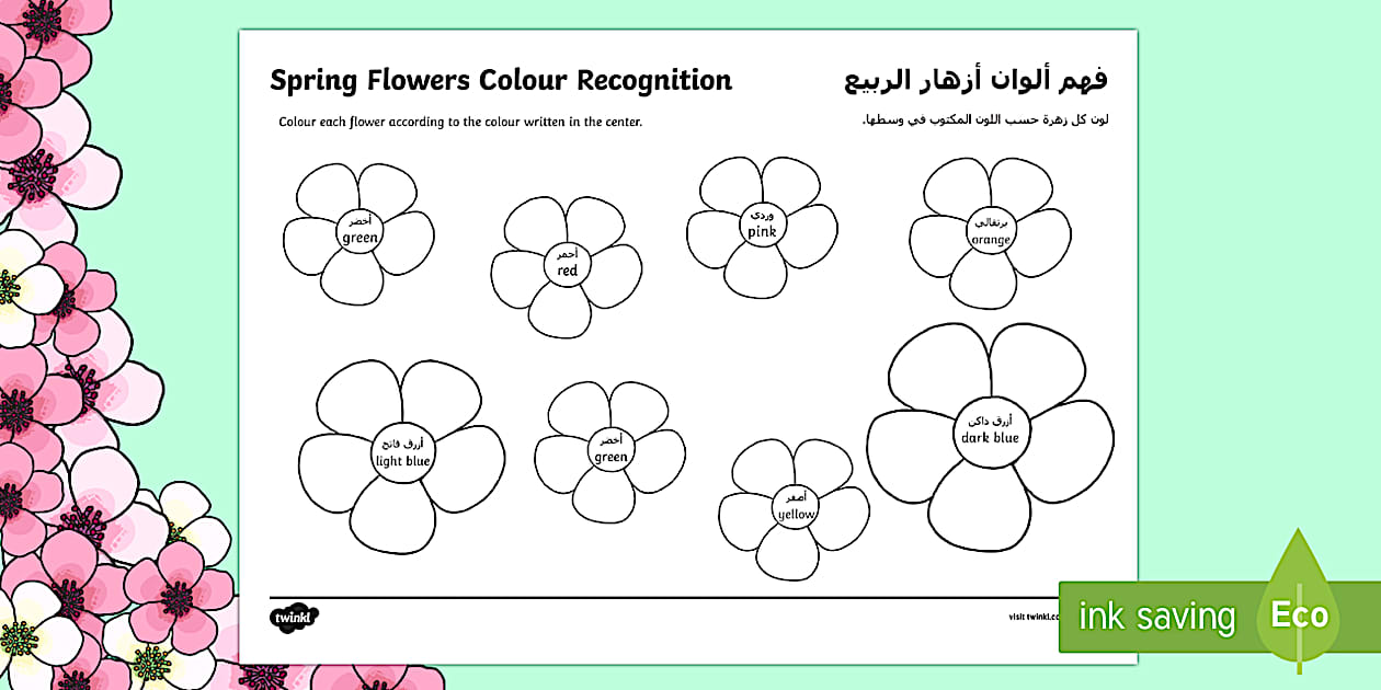 Spring Flowers Colour Recognition Colouring Page Arabic/English