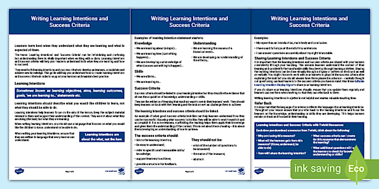 Writing Learning Intentions and Success Criteria Examples