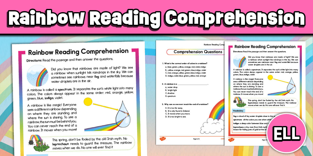 Rainbows Reading Passage Comprehension Worksheet for ELL