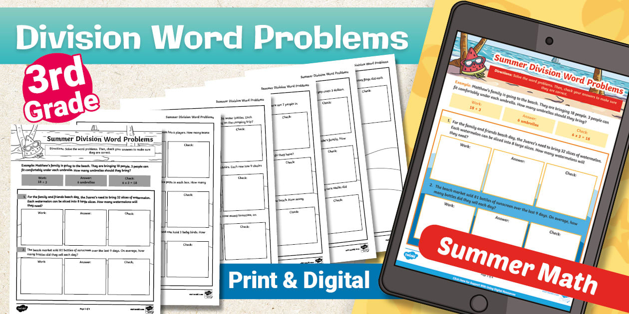 Third Grade Summer Division Word Problems Worksheets