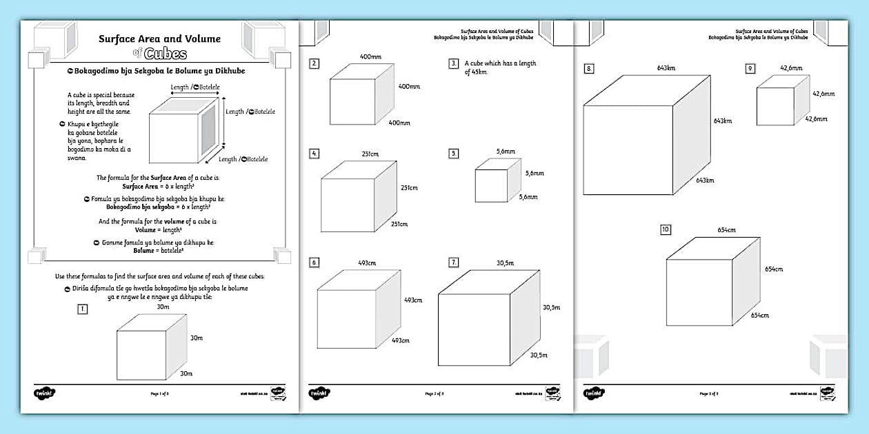 Surface Area and Volume of Cubes Activity Sheet : Sepedi