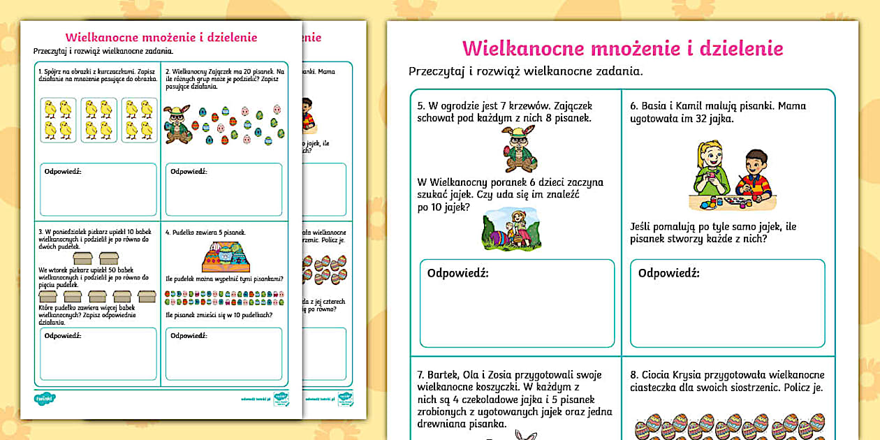 Sprawdzian Mnożenie I Dzielenie W Zakresie 50 Wielkanoc | Mnożenie i dzielenie | Karty z zadaniami