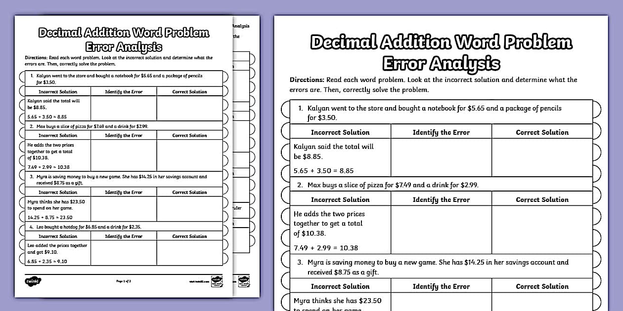 6th Grade Math Decimal Addition Word Problem Error Analysis