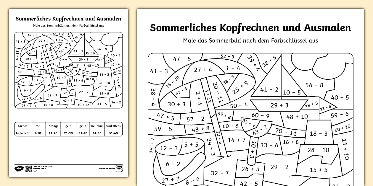 Sommerliches Kopfrechnen und Ausmalen (Lehrer gemacht)