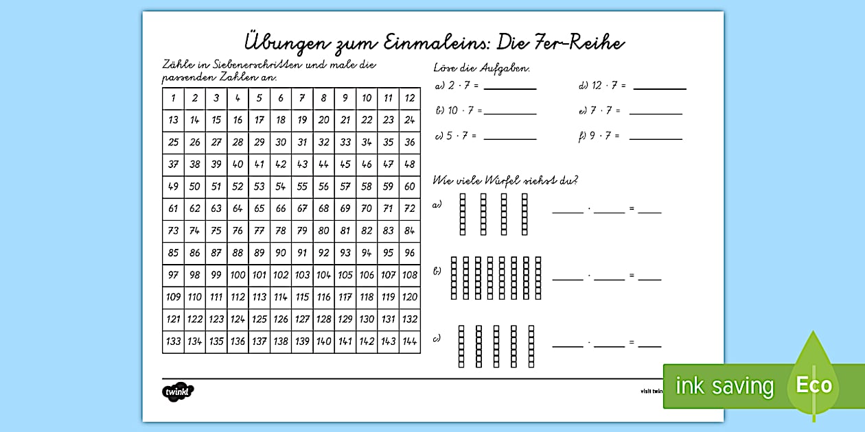 Übungen zum Einmaleins: Die 7er Reihe Arbeitsblatt - Twinkl