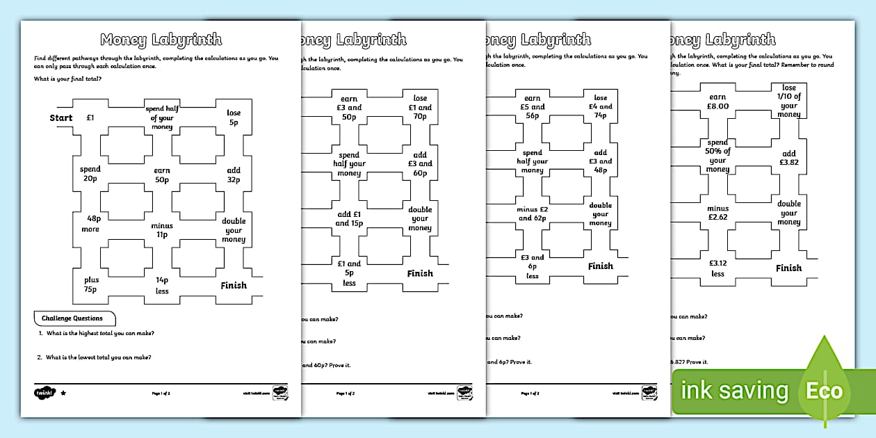👉 KS2 Money Labyrinth Activity Sheets (teacher made)
