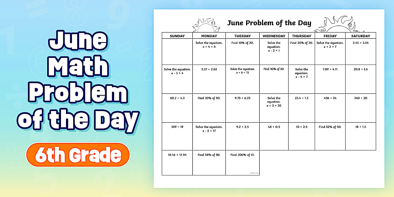 Sixth Grade 2025 Math Problem of the Day June Calendar