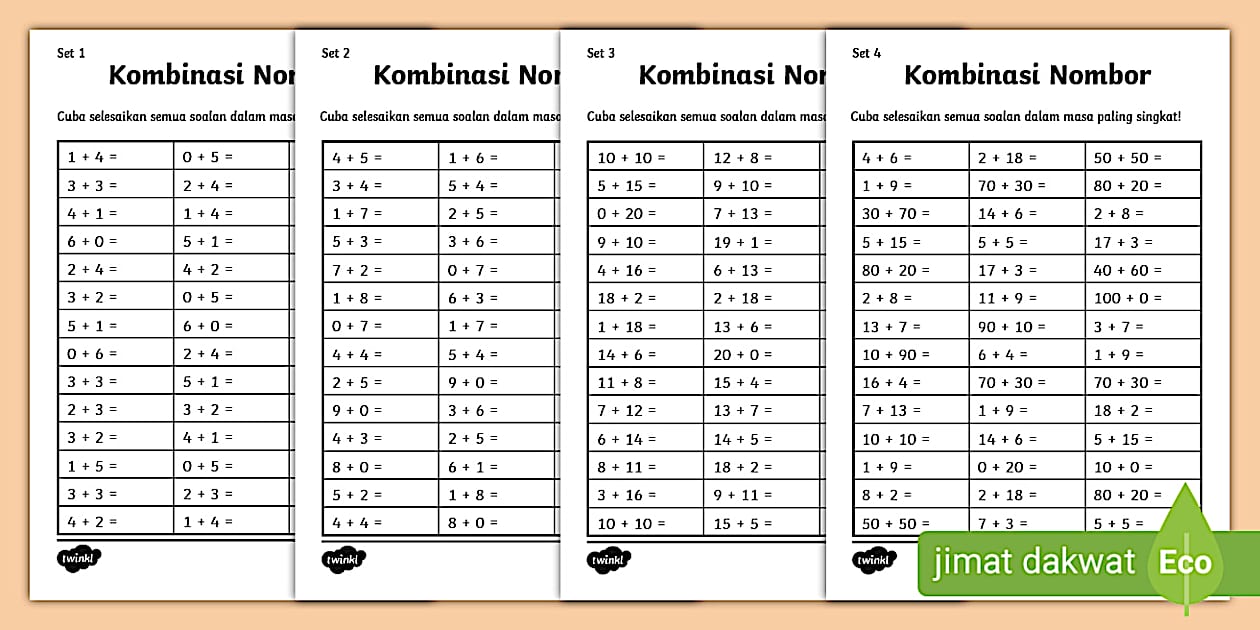 Matematik Tahun 1 Latih Tubi Kombinasi Nombor Twinkl
