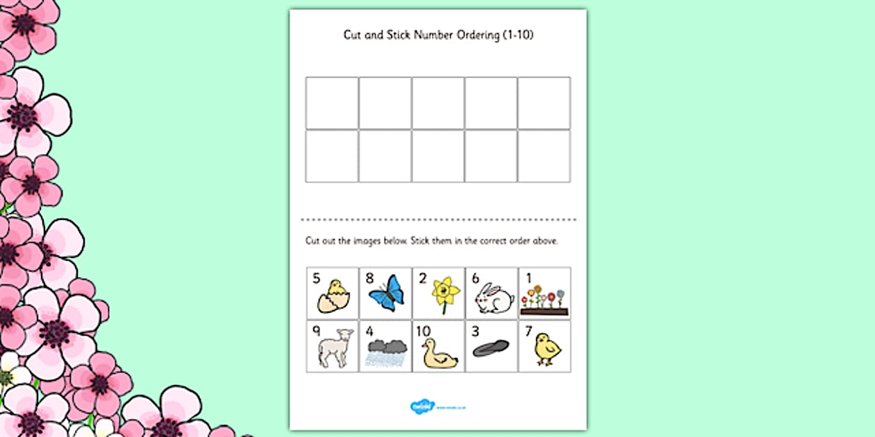 Black and White Spring Themed Cut and Stick Number Ordering Sheets 1-10