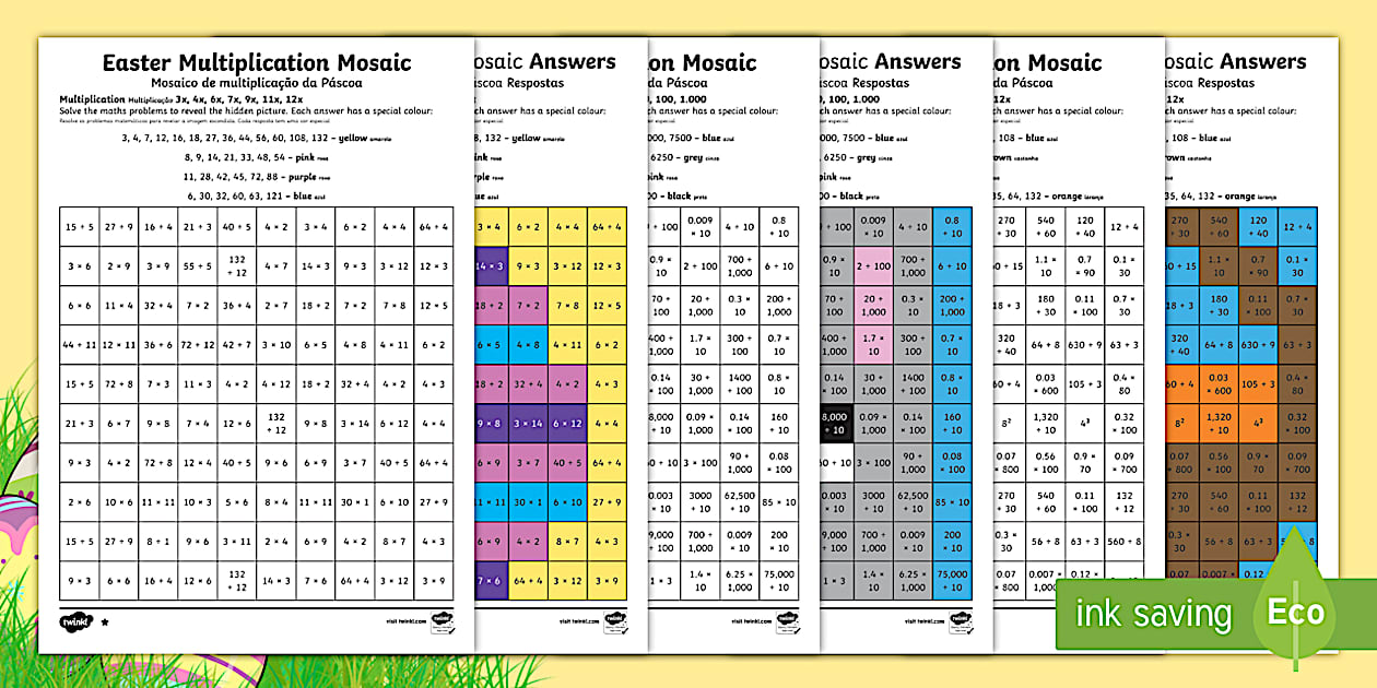 Easter Multiplication Mosaics Differentiated Worksheets English/Portuguese