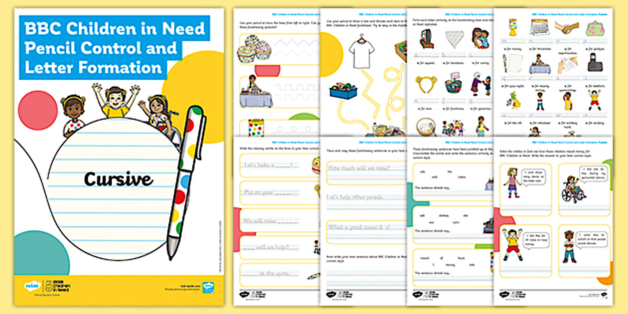 FREE! - BBC Children in Need Pencil Control and Letter Formation Cursive