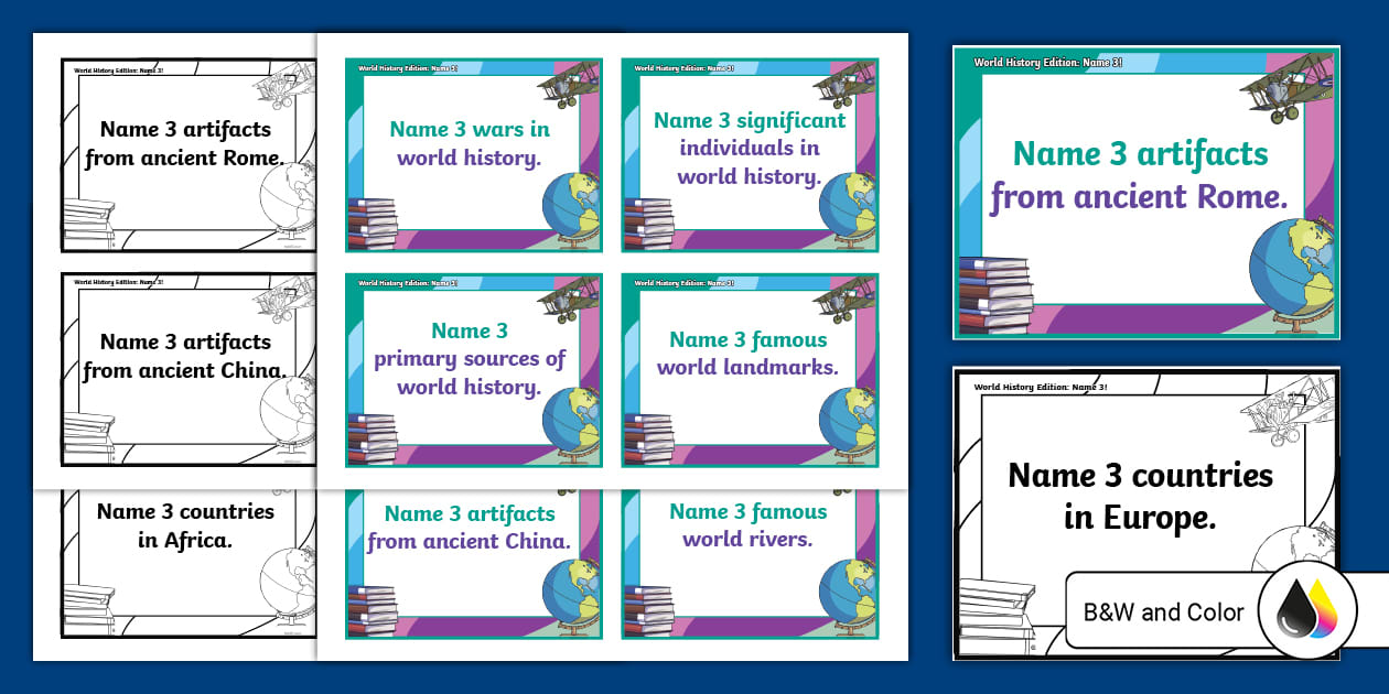 World History Edition: Name 3 Game Cards for 3rd-5th Grade