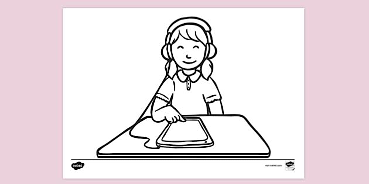Child Using a Tablet Colouring | Colouring Sheet - Twinkl