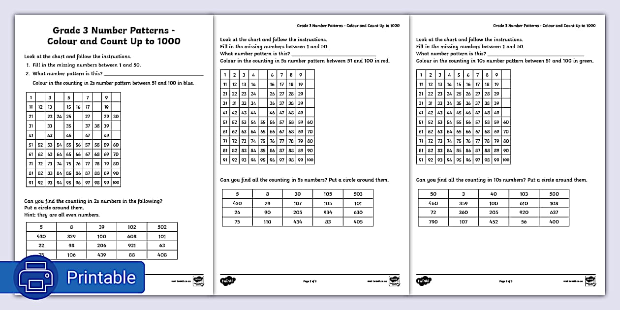 Grade 3 number patterns colour and count up to 1000