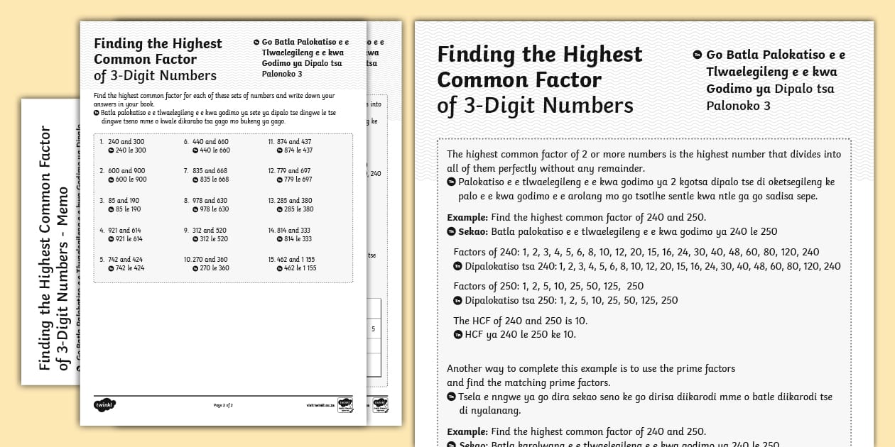 Finding the Highest Common Factor of 3-Digit Numbers Activity Sheet ...
