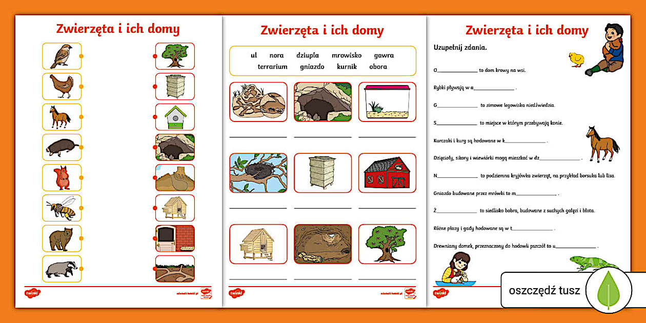 Zwierzęta i ich domy | Karta pracy | Edukacja przyrodnicza