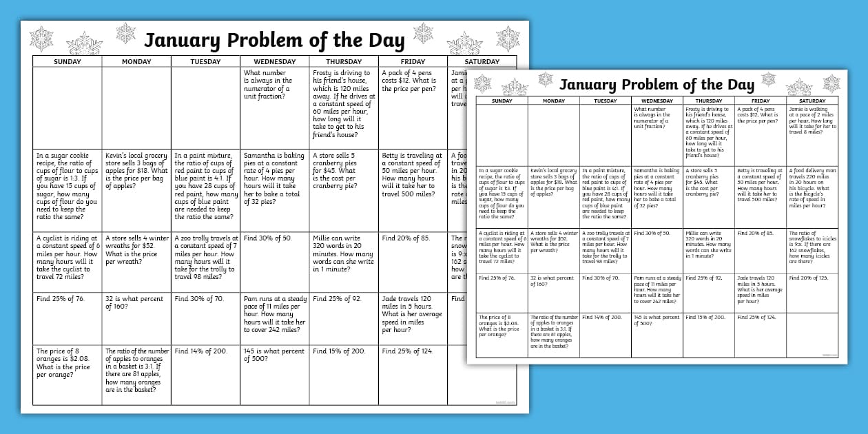 Sixth Grade 2025 Math Problem of the Day January Calendar