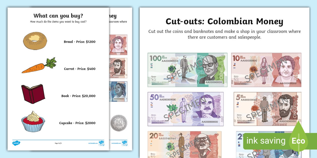 Cut-outs: Colombian Money - Bilingual mathematics - Twinkl
