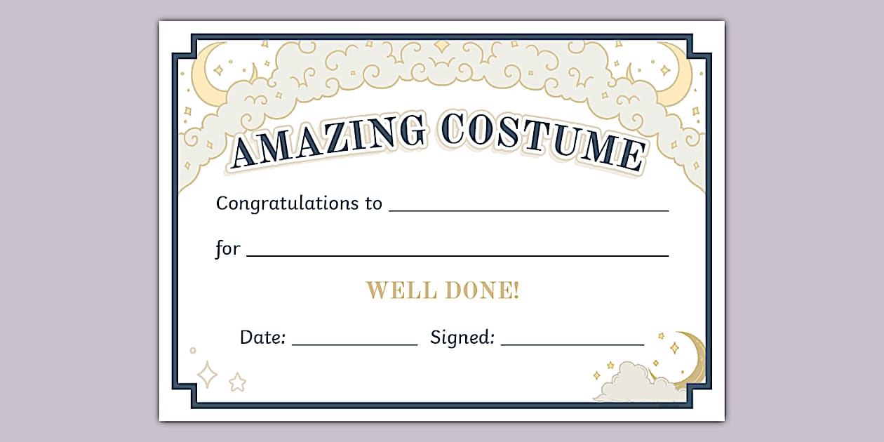 Celestial Themed Amazing Costume Certificate (teacher made)