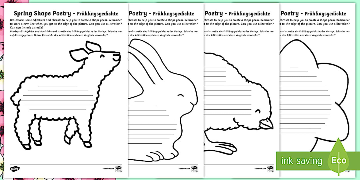 Spring Shape Poetry Differentiated Worksheet / Worksheets English/German
