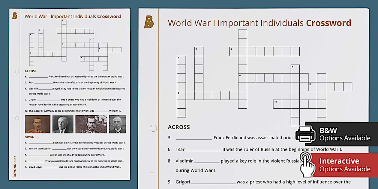 World War I Important Individuals: Crossword Twinkl