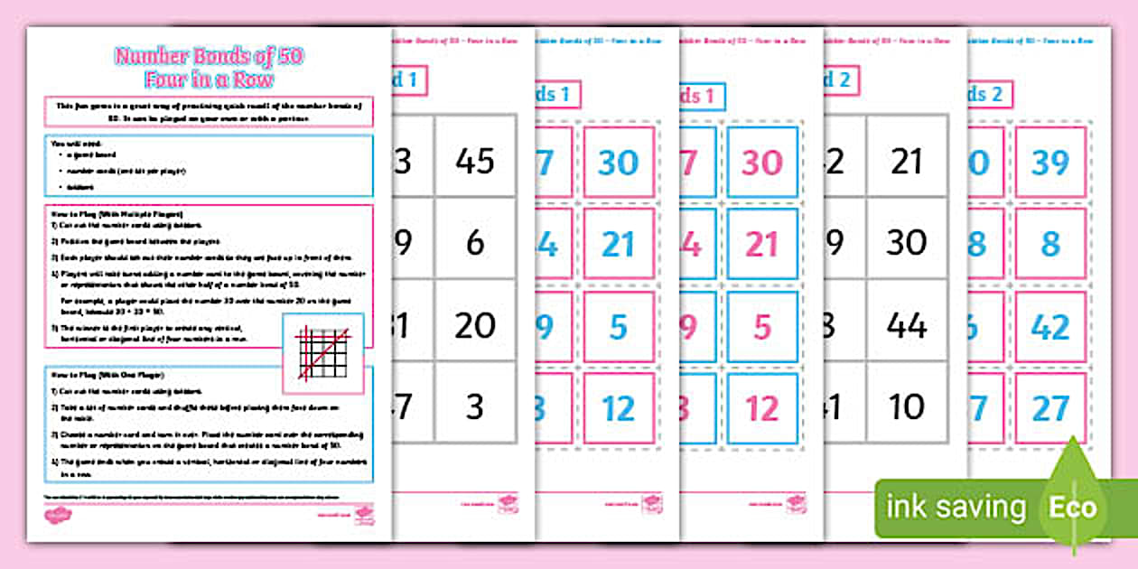 👉 KS2 Maths Number Bonds of 50 Four in a Row Game