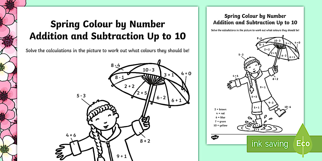 Spring colour by number addition and subtraction up to 10 10