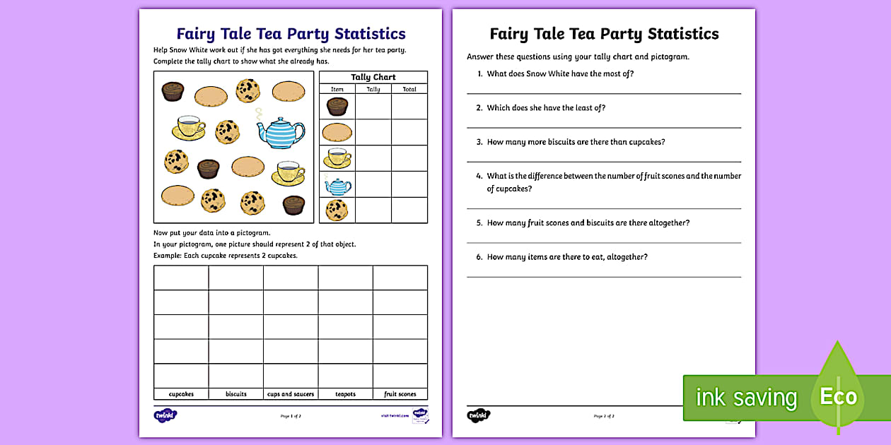 Editable KS1 Fairy Tale Tea Party Statistics Worksheet