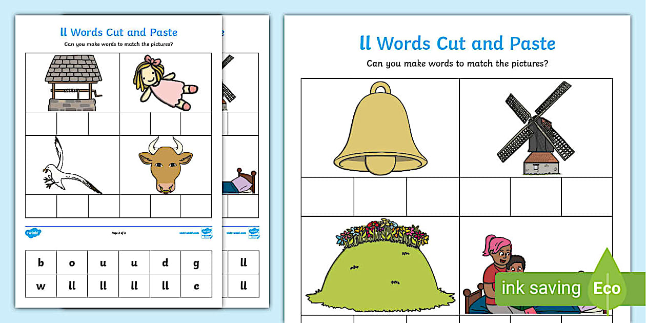 Black and White 'll' Sound Cut and Stick Worksheet - Twinkl
