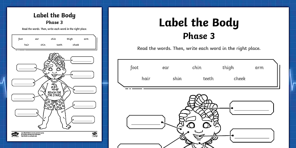 Label the Human Body Phase 3 Phonics Activity Sheet - Twinkl