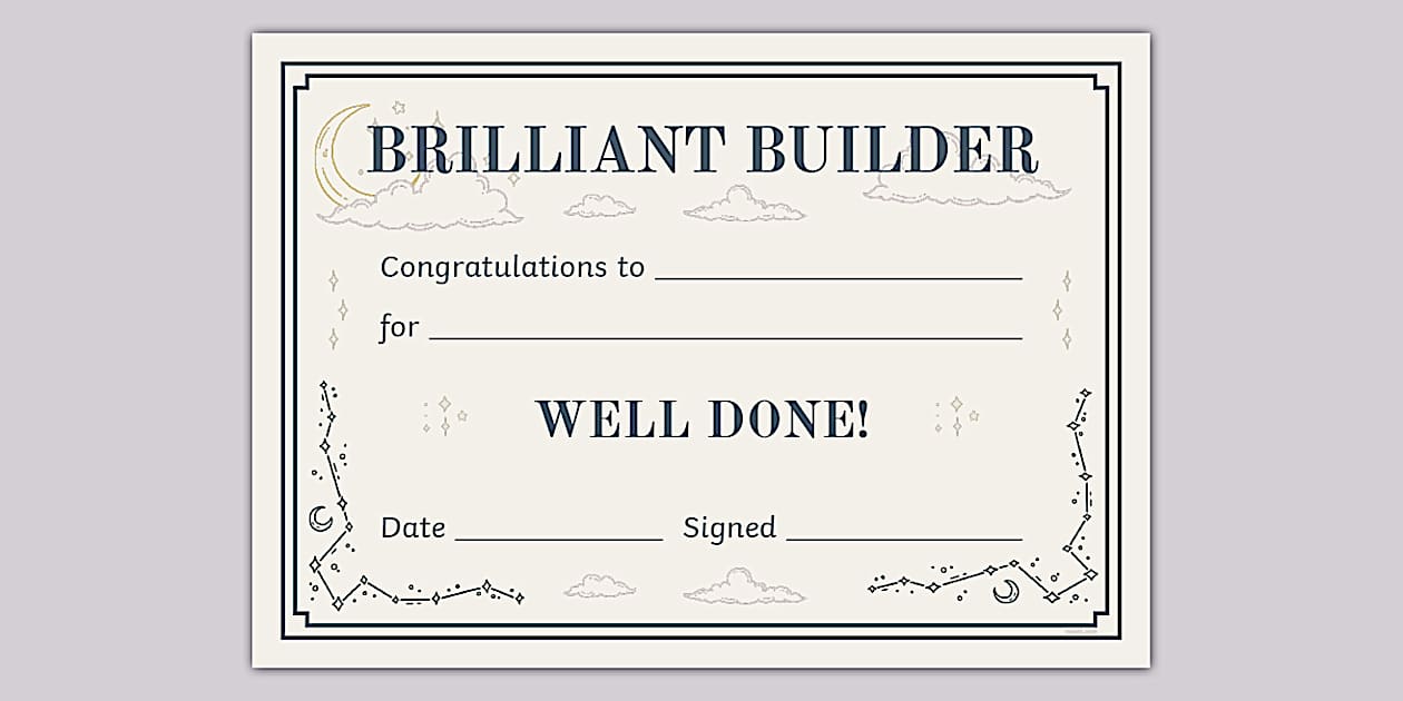 Celestial Themed Building Bricks Therapy Certificate