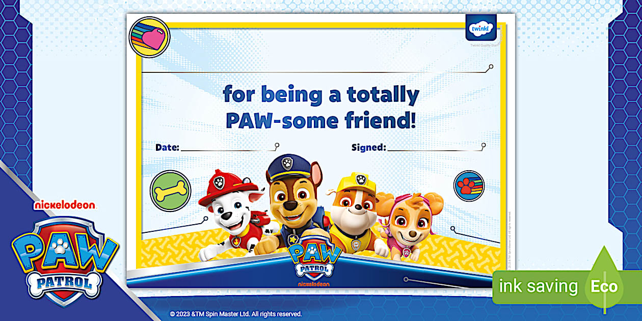FREE! - PAW Patrol friendship award certificate - Twinkl