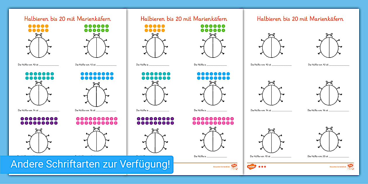 Halbieren im Zahlenraum bis 20 - differenzierte Arbeitsblätter